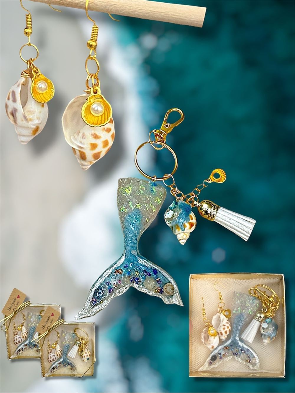 Mermaid Set Earrings & Keychain, Mothers Day, Shells, Jewelry, Gift, Birthday